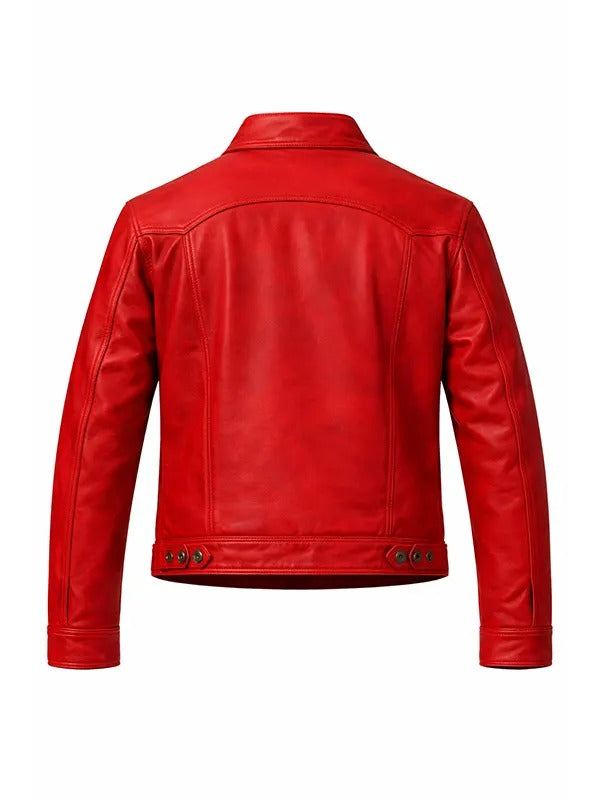 Mens Red Real Leather Trucker Jacket with Button Closure