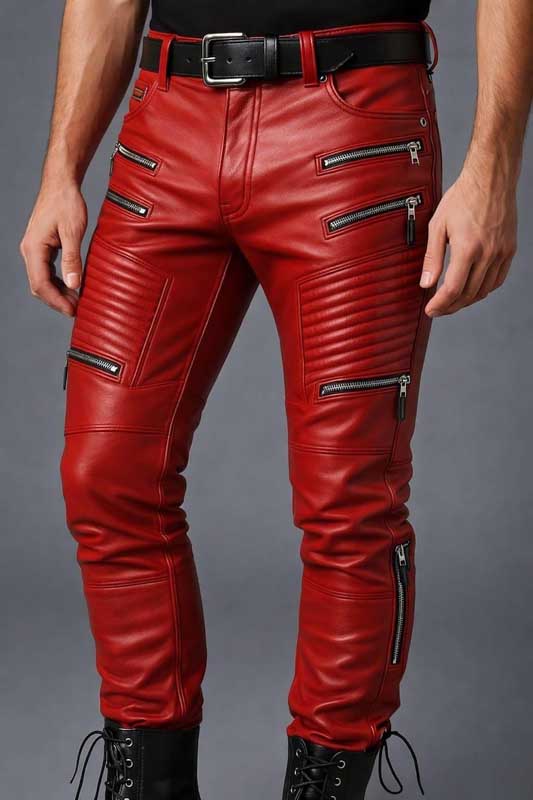 Mens red slim fit biker leather pants front view