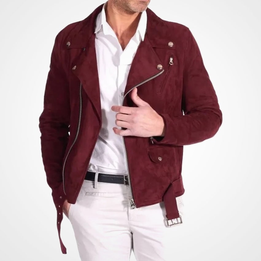 Men's Red Suede Leather Moto Jacket