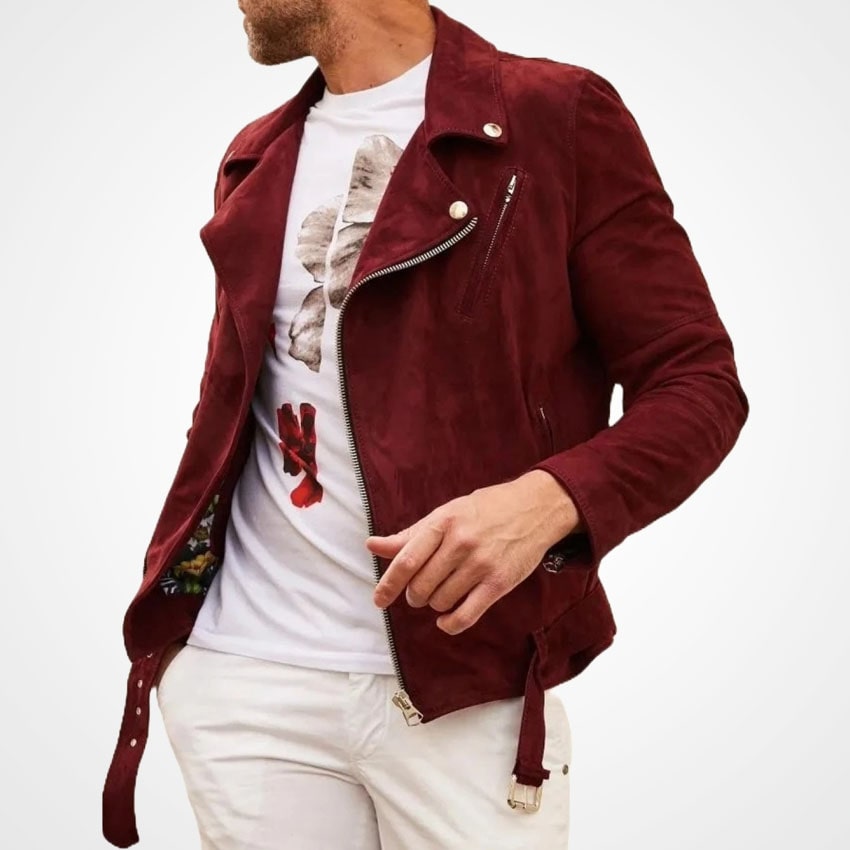 Men's Red Suede Leather Moto Jacket