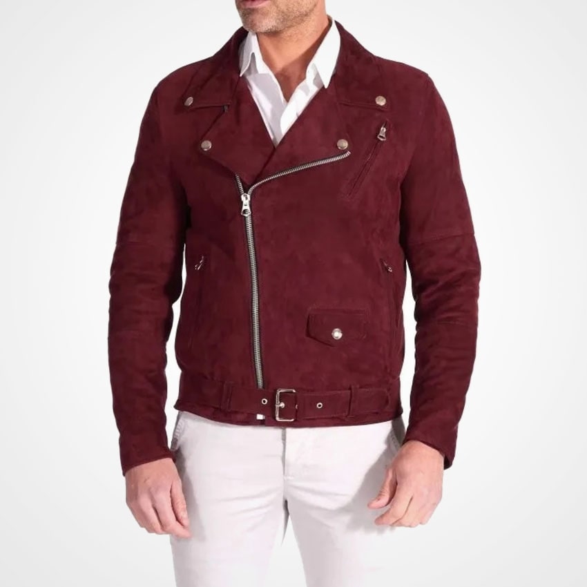 Men's Red Suede Leather Moto Jacket