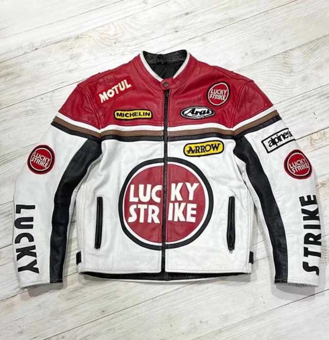 Mens Red White Black Lucky Strike Cowhide Cafe Racer Jacket