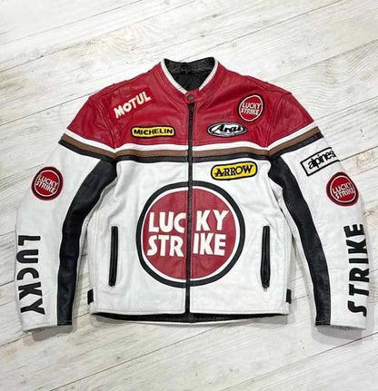 Mens Red White Black Lucky Strike Cowhide Cafe Racer Jacket