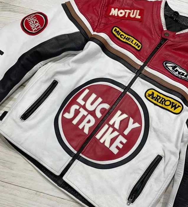 Mens Red White Black Lucky Strike Cowhide Cafe Racer Jacket