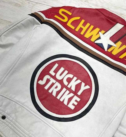 Mens Red White Black Lucky Strike Cowhide Cafe Racer Jacket
