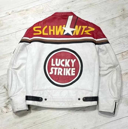Mens Red White Black Lucky Strike Cowhide Cafe Racer Jacket