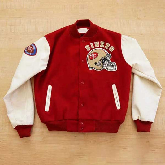 Mens San Francisco 49ers 80s Red Wool Varsity Jacket White Leather Sleeves