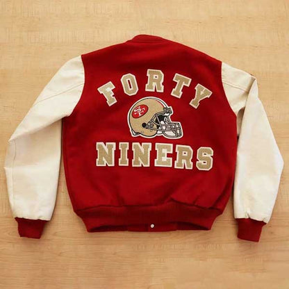 Mens San Francisco 49ers 80s Red Wool Varsity Jacket White Leather Sleeves