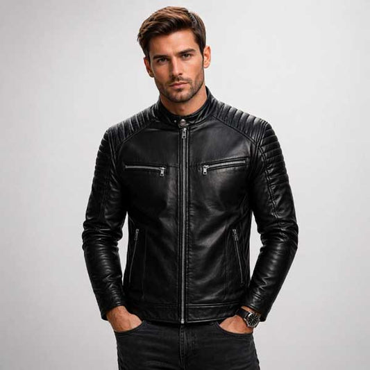 Mens Slim Fit Black Leather Biker Jacket
