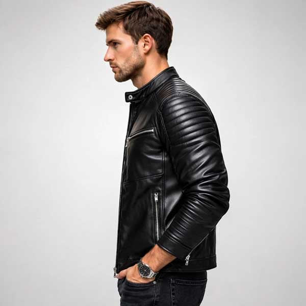 Mens Slim Fit Black Leather Biker Jacket