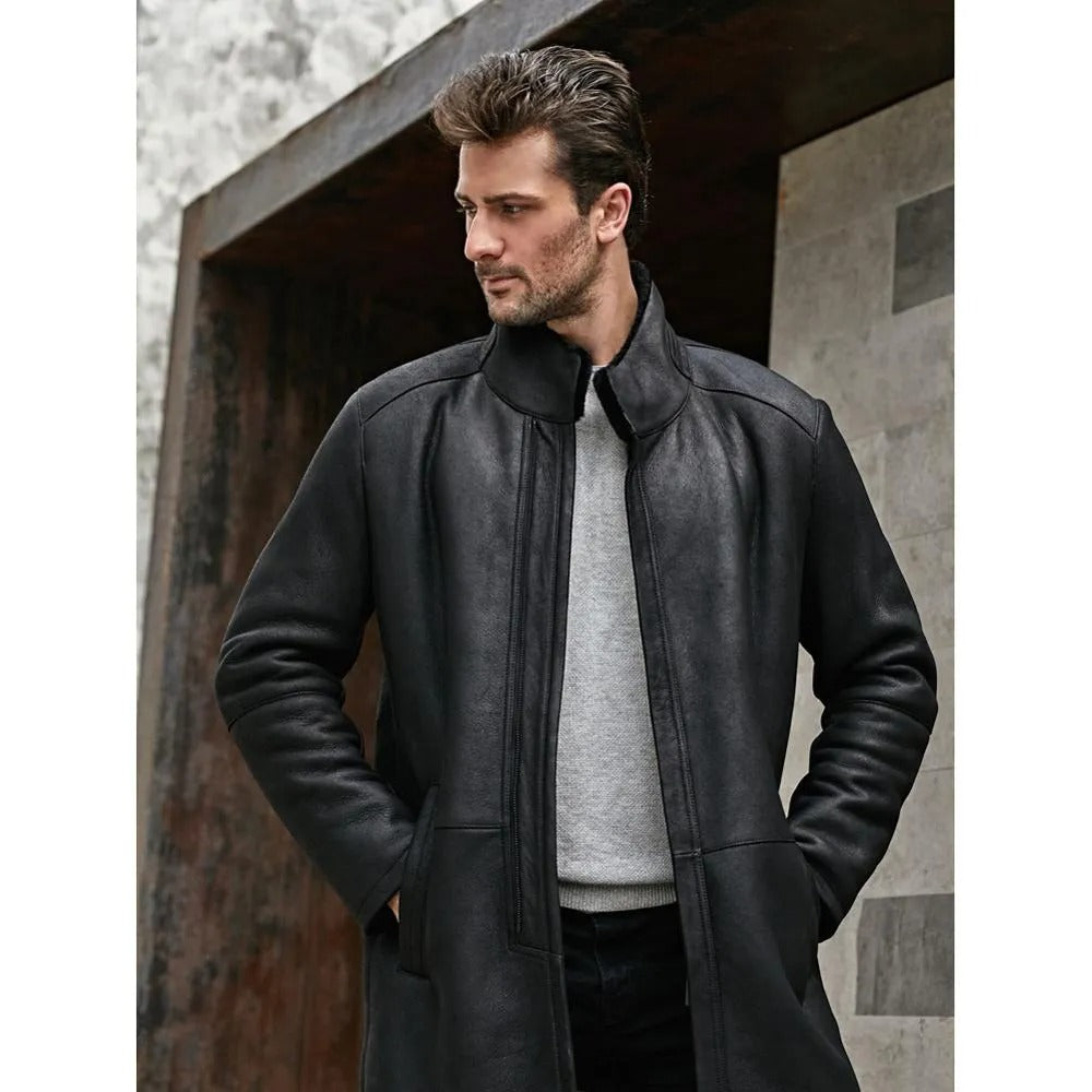 Men's Stand Collar Black Shearling Long Coat