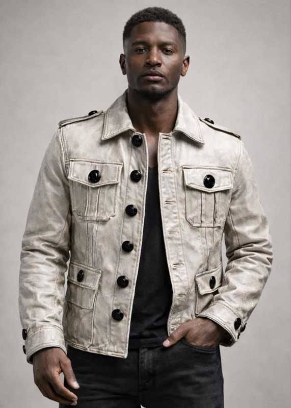 Mens Vintage Beige Military Leather Jacket