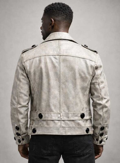 Mens Vintage Beige Military Leather Jacket