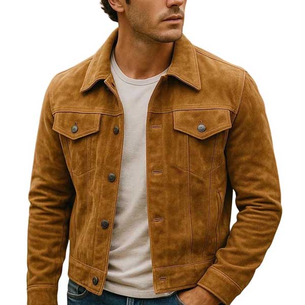 Mens Vintage Brown Suede Leather Trucker Jacket