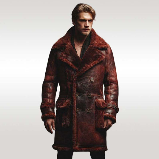 Mens Vintage Red Shearling Aviator Leather Coat