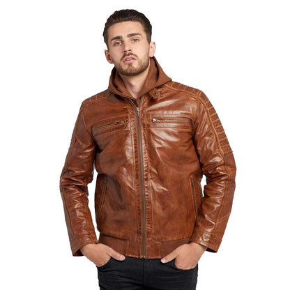 Waxed Brown Hooded Leather Jacket Brown leather jacket