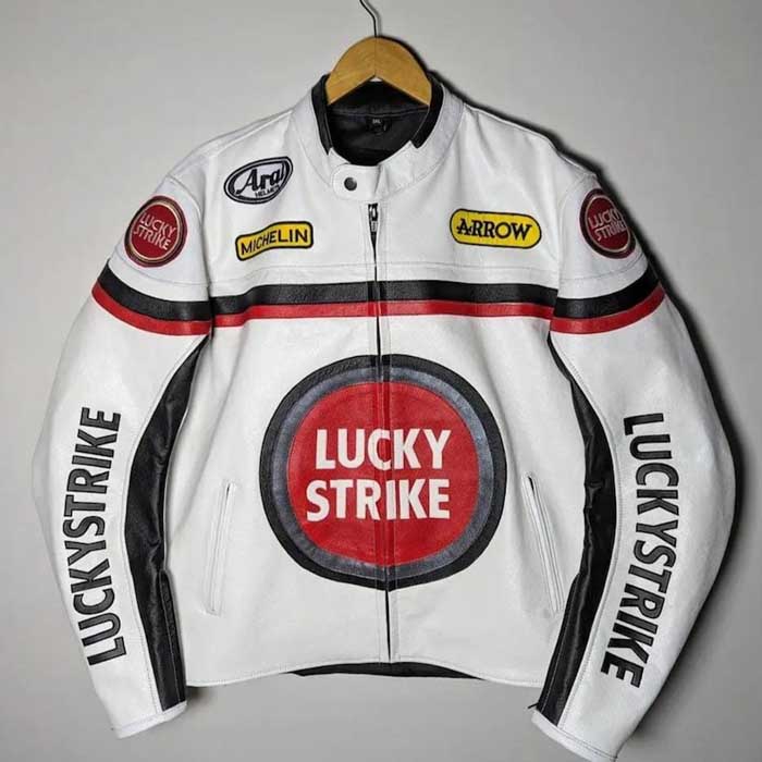 Mens White Lucky Strike Cowhide Leather Racing Jacket