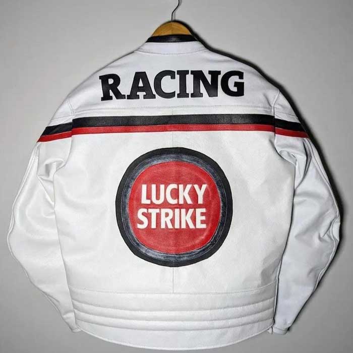 Mens White Lucky Strike Cowhide Leather Racing Jacket