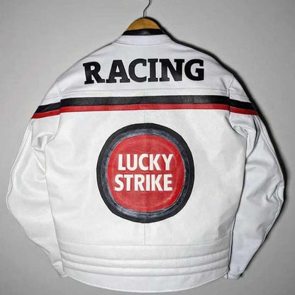 Mens White Lucky Strike Cowhide Leather Racing Jacket