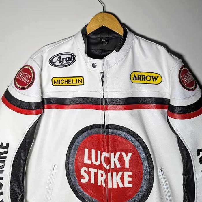 Mens White Lucky Strike Cowhide Leather Racing Jacket