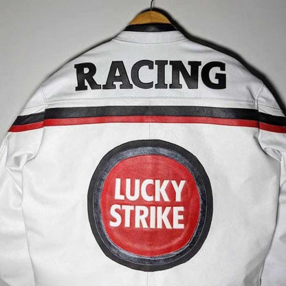 Mens White Lucky Strike Cowhide Leather Racing Jacket