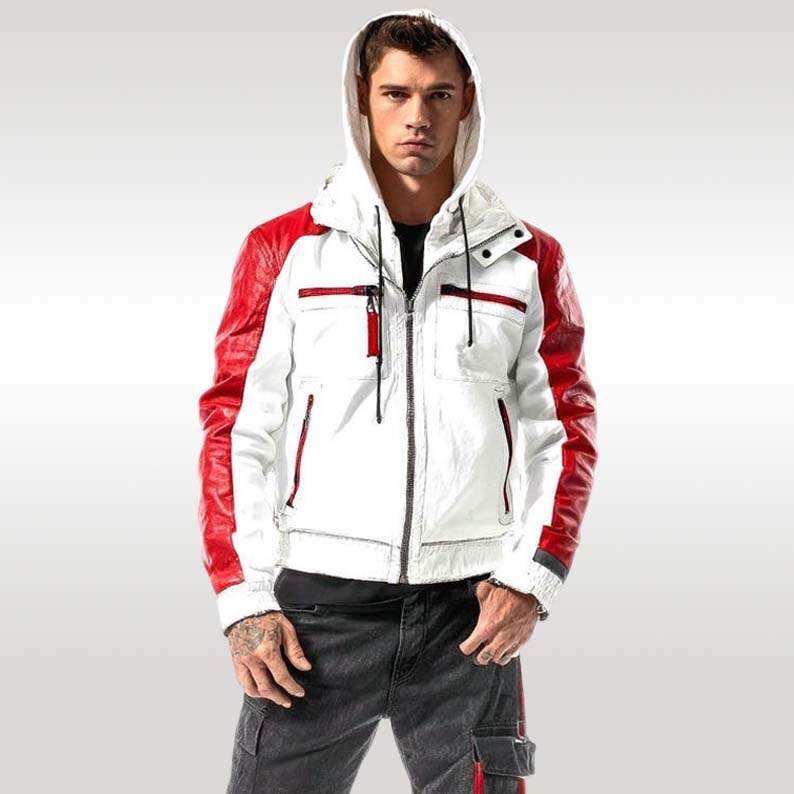 Mens White and Red Leather Hoodie Jacket