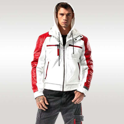 Mens White and Red Leather Hoodie Jacket