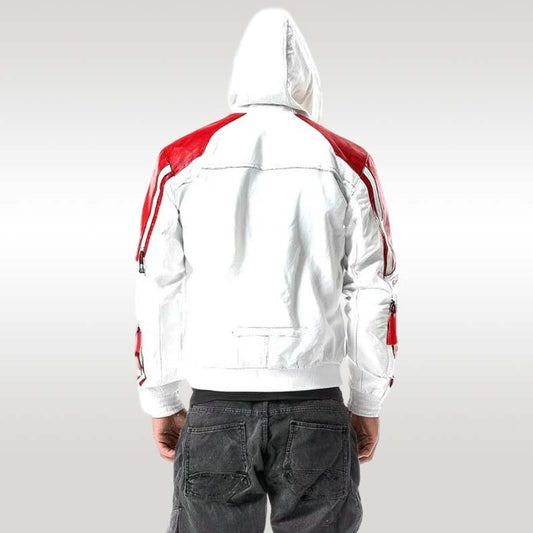 Mens White and Red Leather Hoodie Jacket
