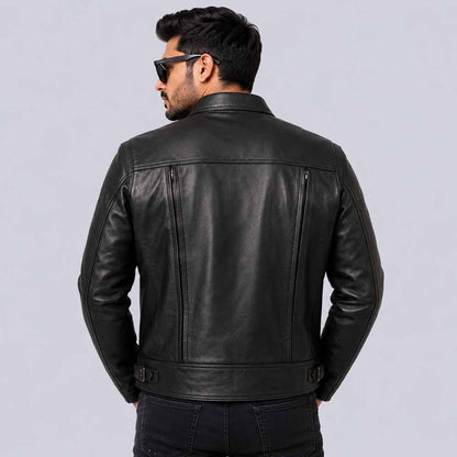 Men's Black Premium Leather Cruiser Jacket with Utility Pocket Design