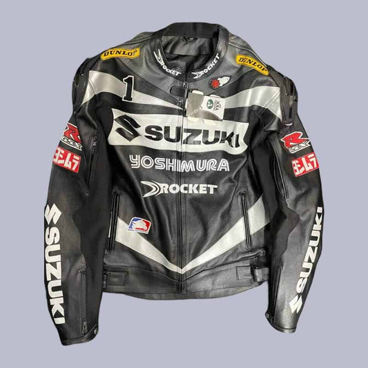 Men's Suzuki GSXR black cowhide leather riding jacket front view with CE armor