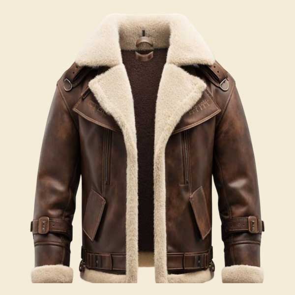 Mens brown leather aviator jacket with faux fur collar