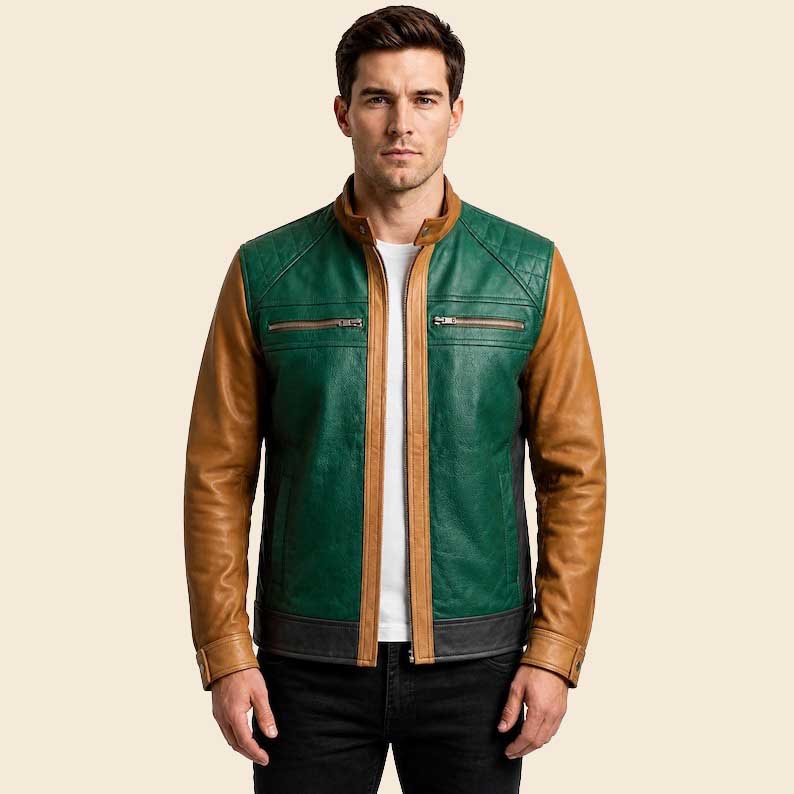 Mens Green and Brown Biker Leather Jacket