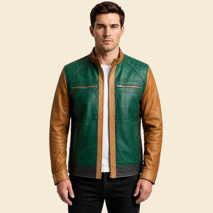 Mens Green and Brown Biker Leather Jacket