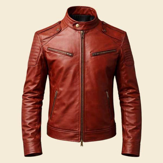 Mens red leather biker jacket slim fit moto style buy online