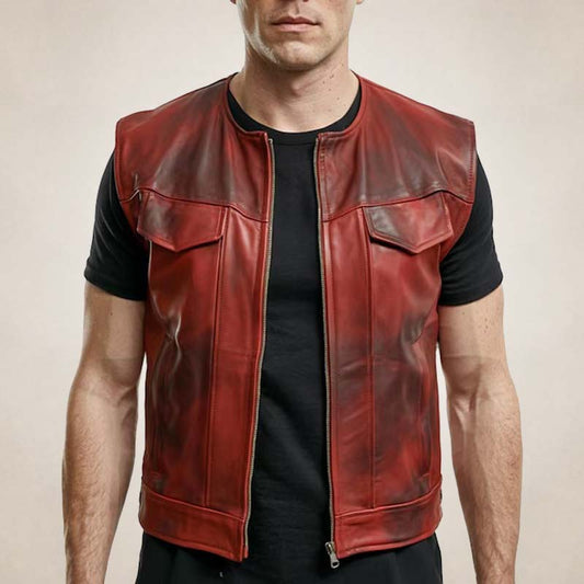 Men's red leather biker vest with sleeveless vintage style