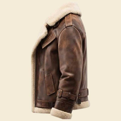 Mens winter leather jacket with wide fur collar