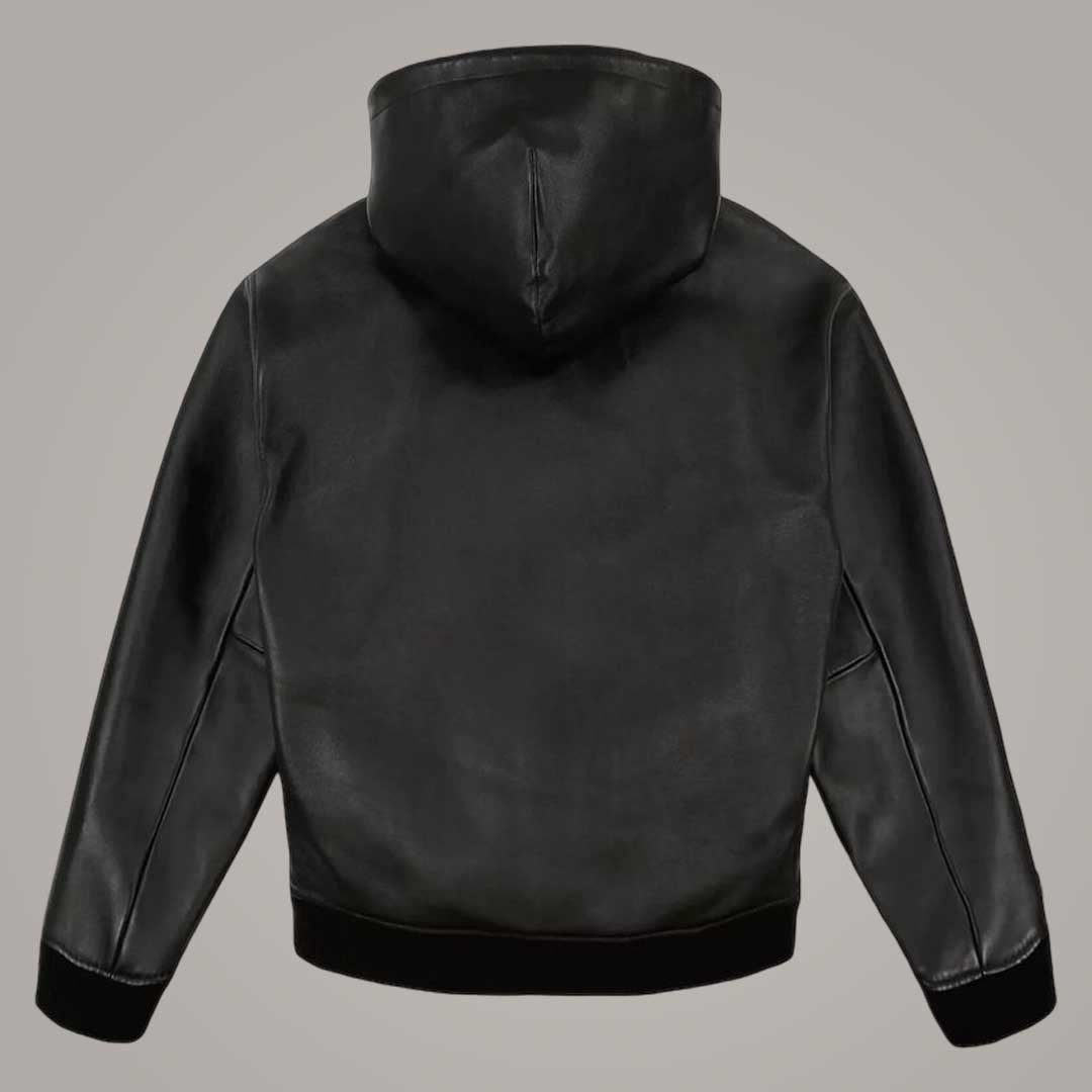 Men wearing Avirex hooded leather flight jacket in matte black by Jackets Kingdom