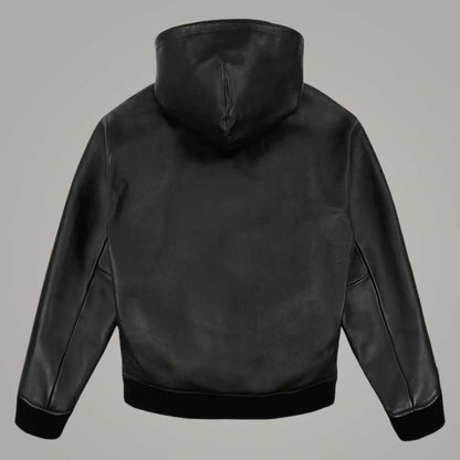 Men wearing Avirex hooded leather flight jacket in matte black by Jackets Kingdom