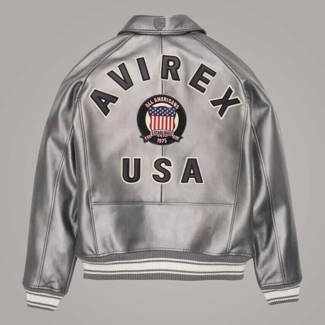 Men wearing Avirex metallic silver genuine leather bomber jacket by Jackets Kingdom