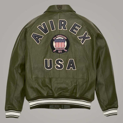 Men wearing Avirex olive green genuine leather aviator jacket by Jackets Kingdom