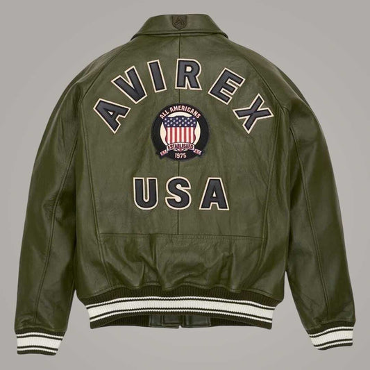 Men wearing Avirex olive green genuine leather aviator jacket by Jackets Kingdom