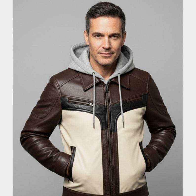 Men wearing handmade two tone moto jacket with gray removable hoodie by Jackets Kingdom