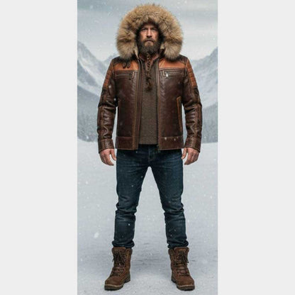 Men wearing premium sheepskin biker jacket with faux fur hood by Jackets Kingdom