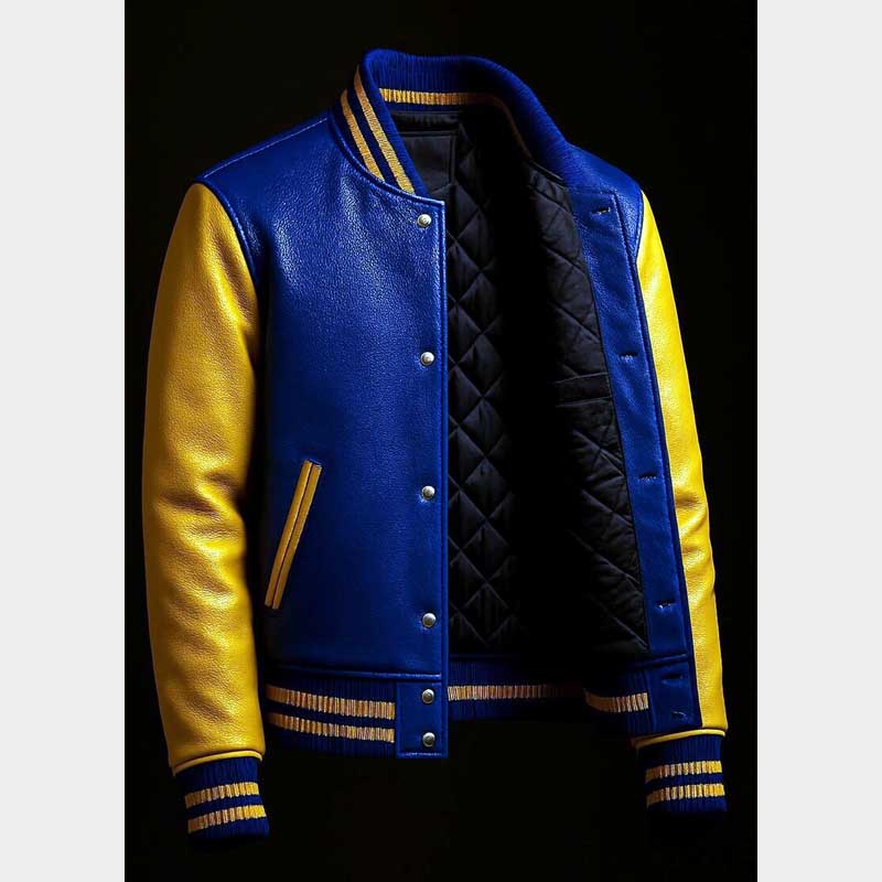 Minimalist color block bomber in blue yellow leather with dropped shoulders and modern silhouette
