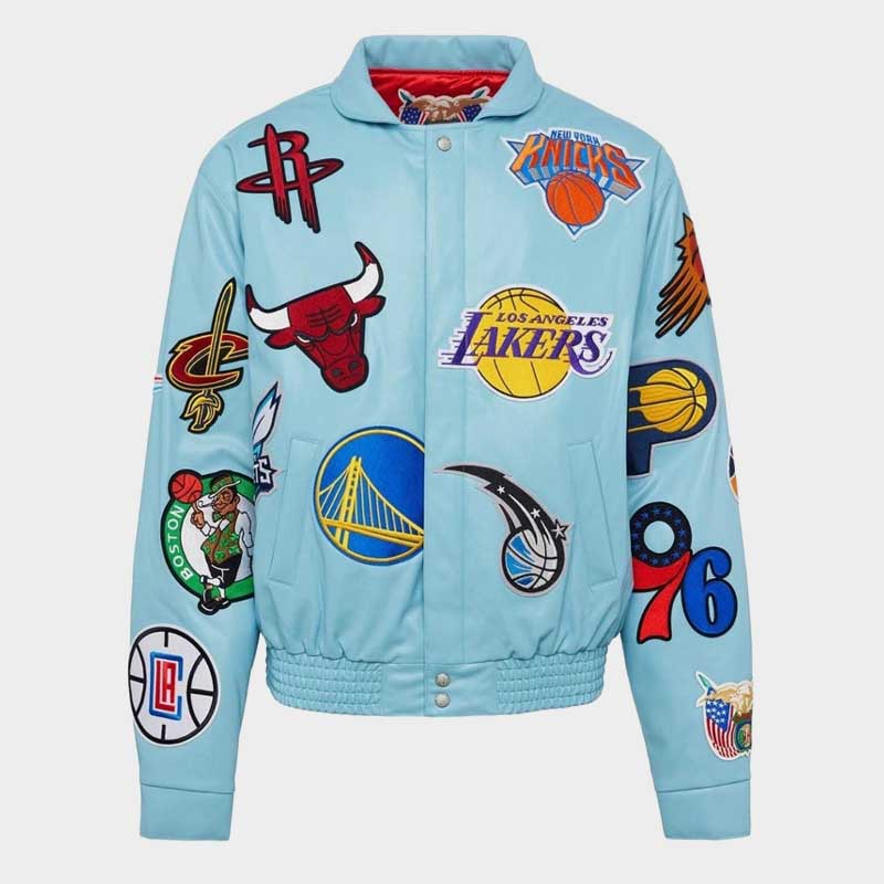 NBA Team Logo Patch Varsity Leather Jacket Lakers Bulls Knicks Warriors Streetwear Bomber front view with embroidered patches