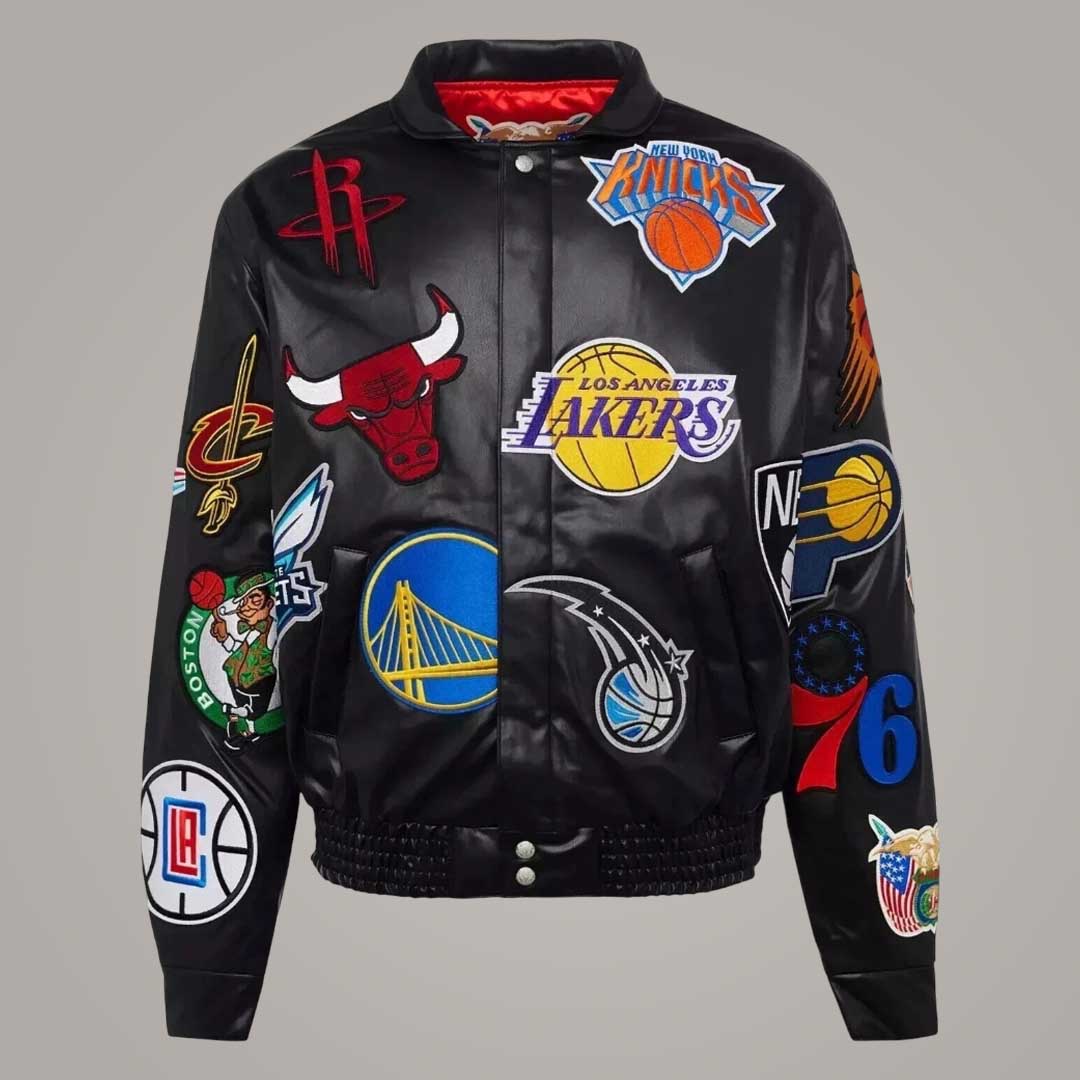 NBA Teams Patchwork Black Leather Bomber Varsity Jacket