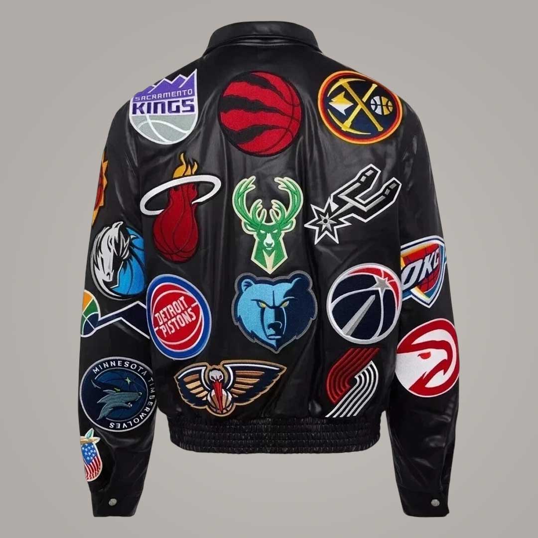 NBA Teams Patchwork Black Leather Bomber Varsity Jacket