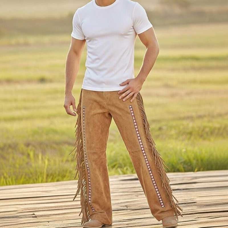 Native American regalia suede trousers with hand-beaded detailing and fringe accents
