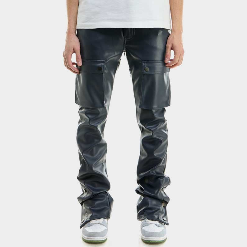 Navy blue leather cargo pants for men front view with YKK zippers by Jackets Kingdom