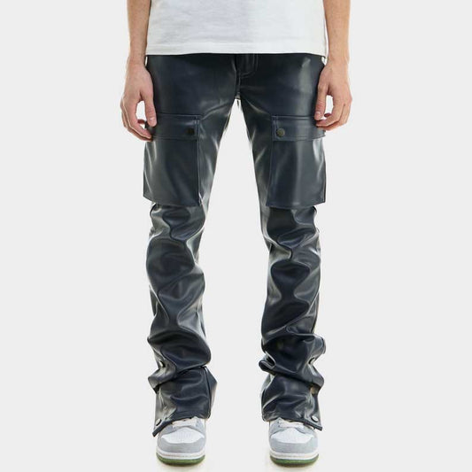 Navy blue leather cargo pants for men front view with YKK zippers by Jackets Kingdom